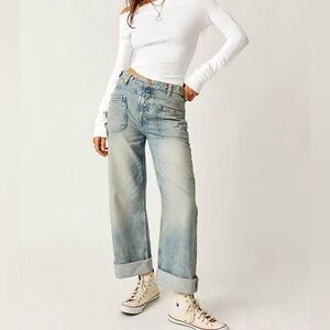 Free people Palmer cuffed wide leg jeans acid wash stone wash